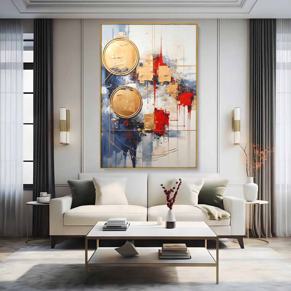 Tablou canvas cu tablou abstract cu cercuri aurii, in rama de aluminiu auriu, pe perete intr-un living